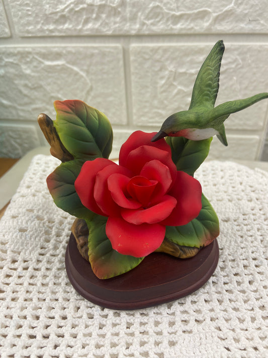 Red Bisque Porcelain Rose with Hummingbird on Small Branch
