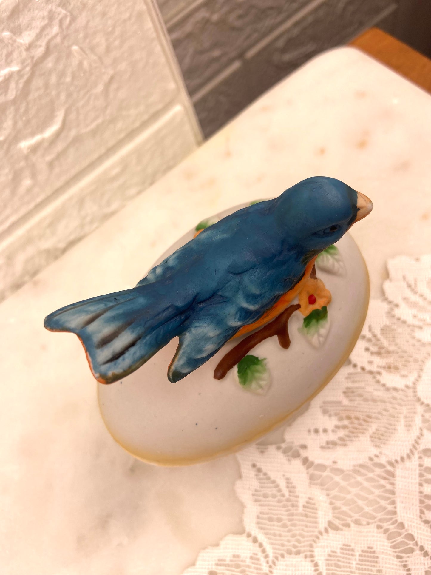 Bisque Porcelain Egg-Shaped Trinket Box with Blue Bird