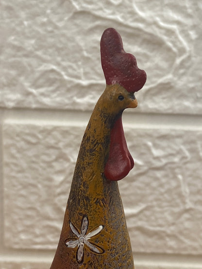 Pair of Hand Painted Folk Art Ceramic Rooster and Hen with Chick Figurines | Textured Pattern