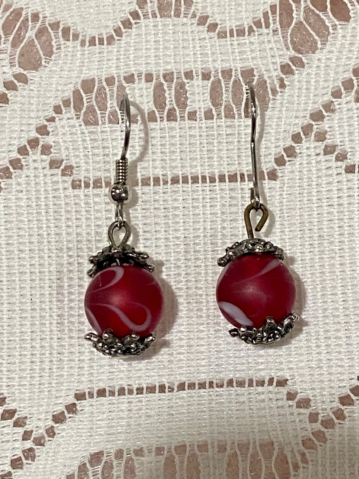 Red Glass Dangle Earrings with White Painted Swirl [Hooks]