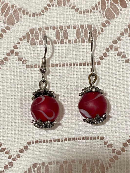 Red Glass Dangle Earrings with White Painted Swirl [Hooks]