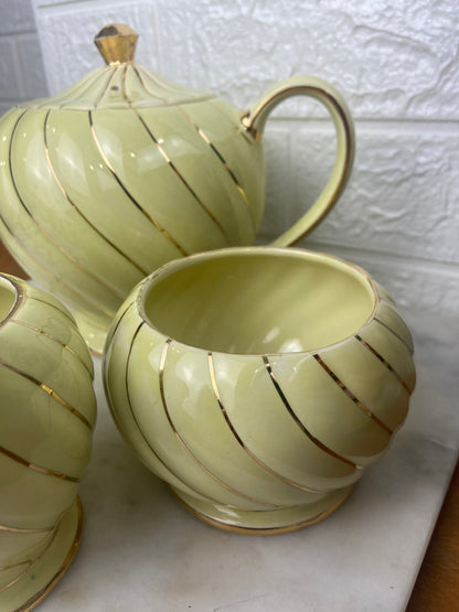 Sadler Yellow Rippled Teapot with Open Sugar Bowl and Creamer Set