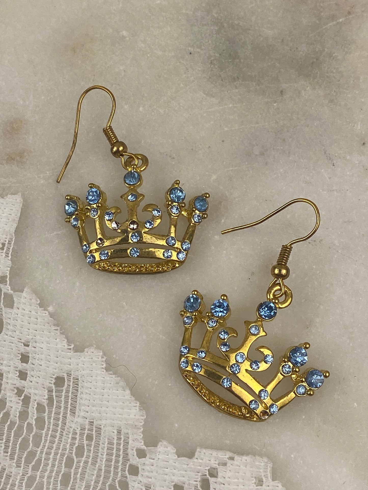 Gold-Tone Crowns with Pale Blue Rhinestone Earrings [Hooks]