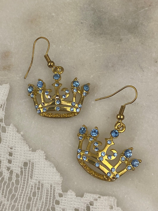 Gold-Tone Crowns with Pale Blue Rhinestone Earrings [Hooks]
