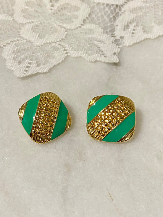 Green and Gold-Tone Square Enamel 1980s-Style Earrings [Posts]