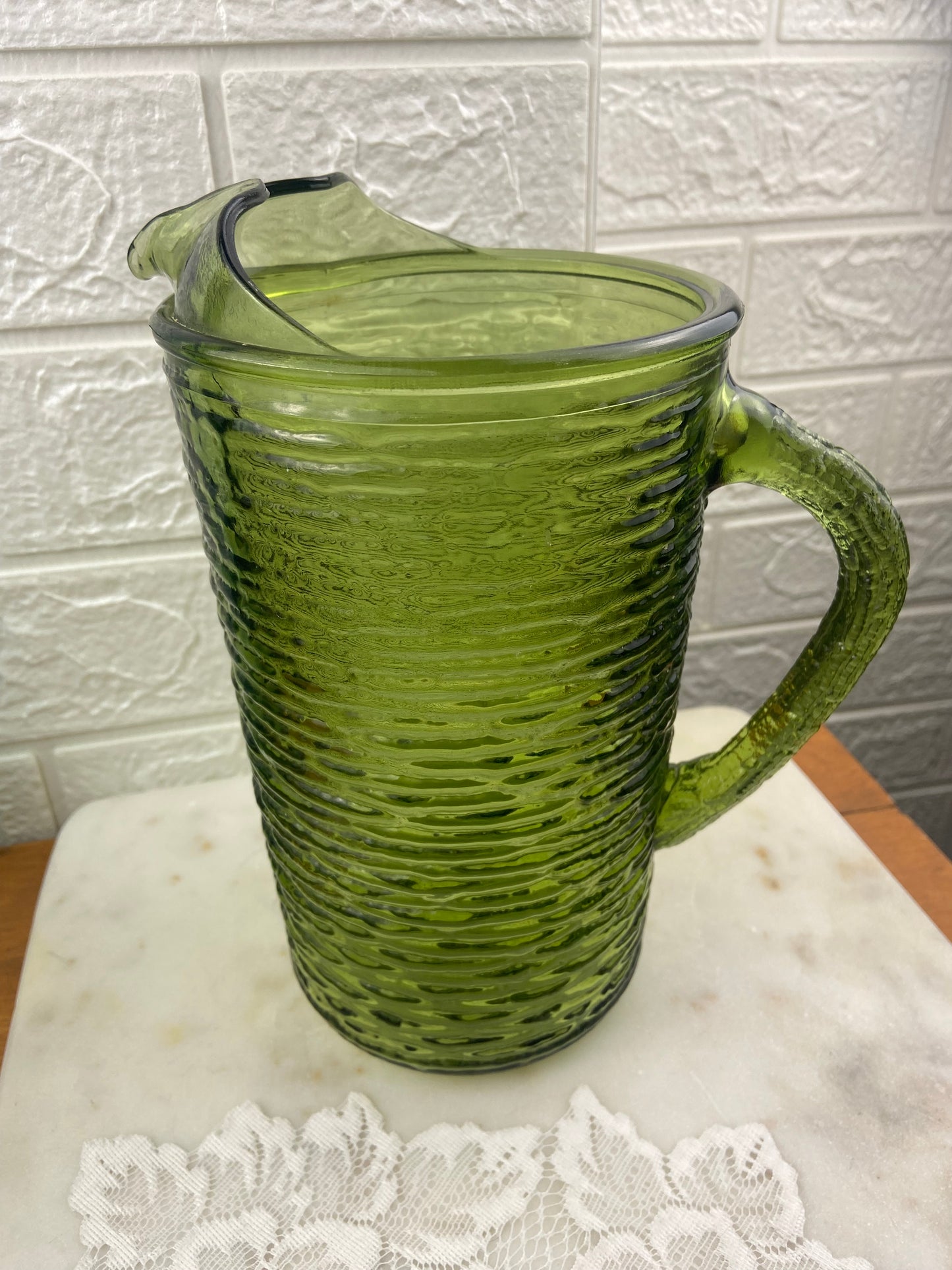 Avocado Green Textured Glass ‘Soreno’ Pitcher by Anchor Hocking | MCM