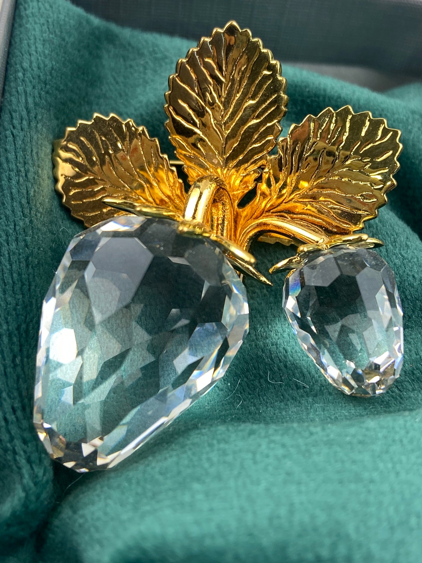 Crystal Strawberry Brooch with Gold-Plated Leaves and Stem by Swarovski Crystal