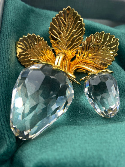 Crystal Strawberry Brooch with Gold-Plated Leaves and Stem by Swarovski Crystal