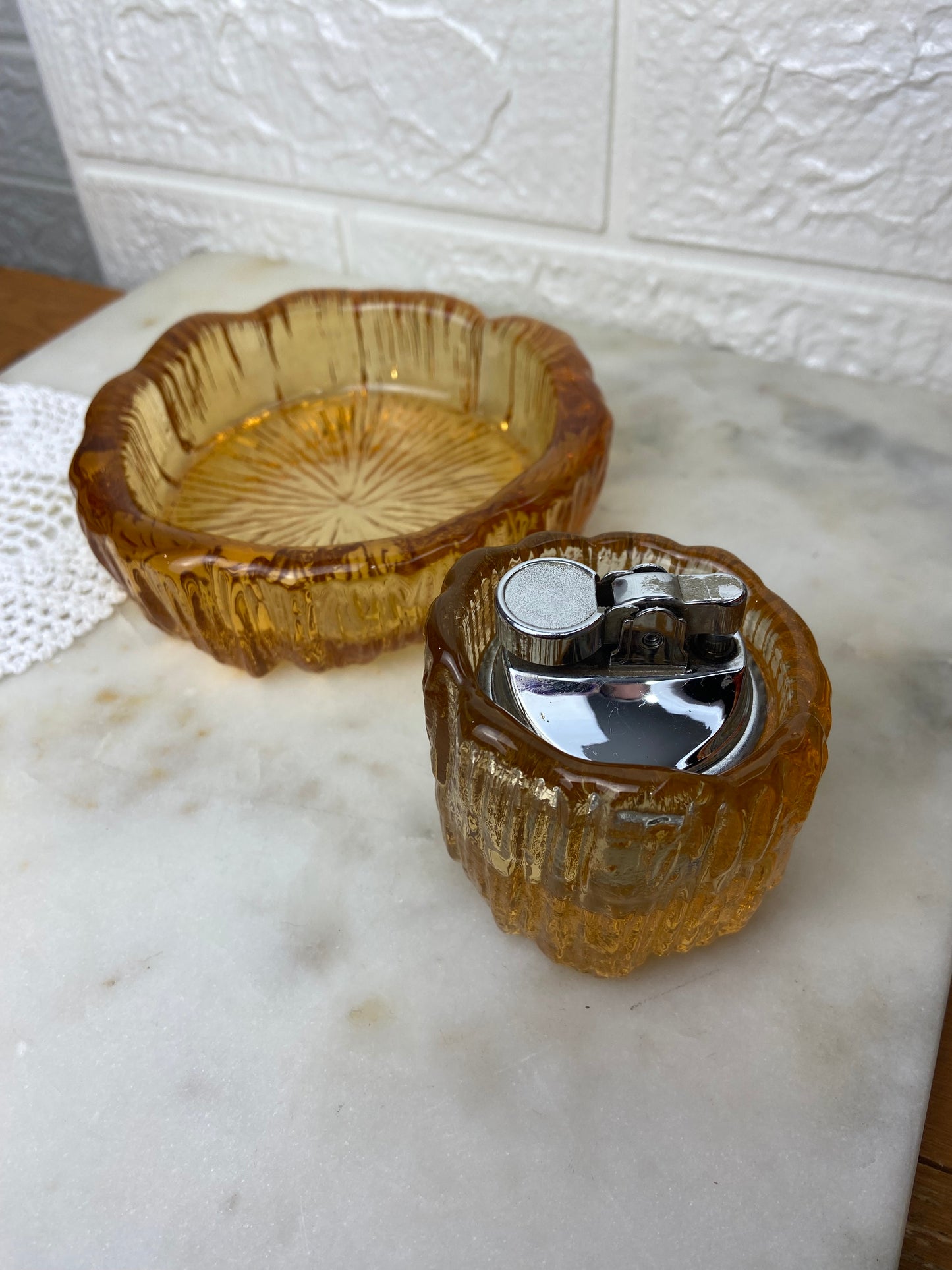 Amber Glass Ashtray and Lighter Set; MCM