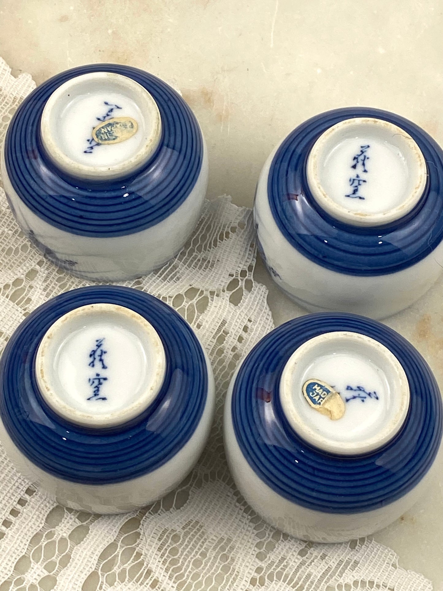 Set of 4 x Hand Painted Blue & White Porceain Teacups