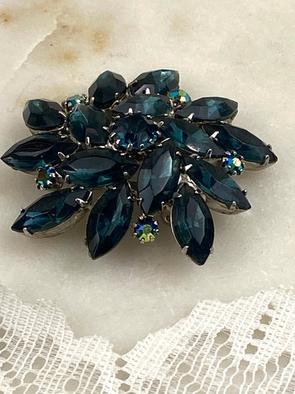 Greenish-Blue Marquis Cut Rhinestone Brooch | Pinwheel Shape