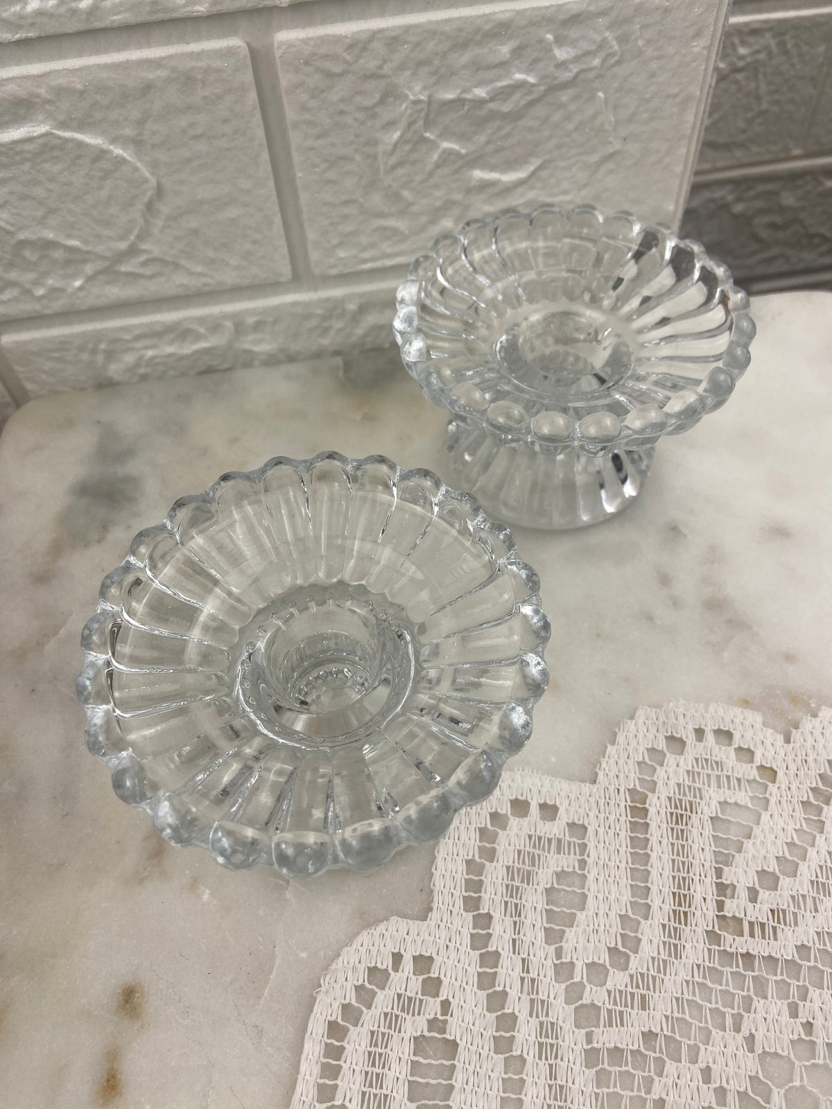 Pair of Pressed Glass Candle Holders with Fluted Rim