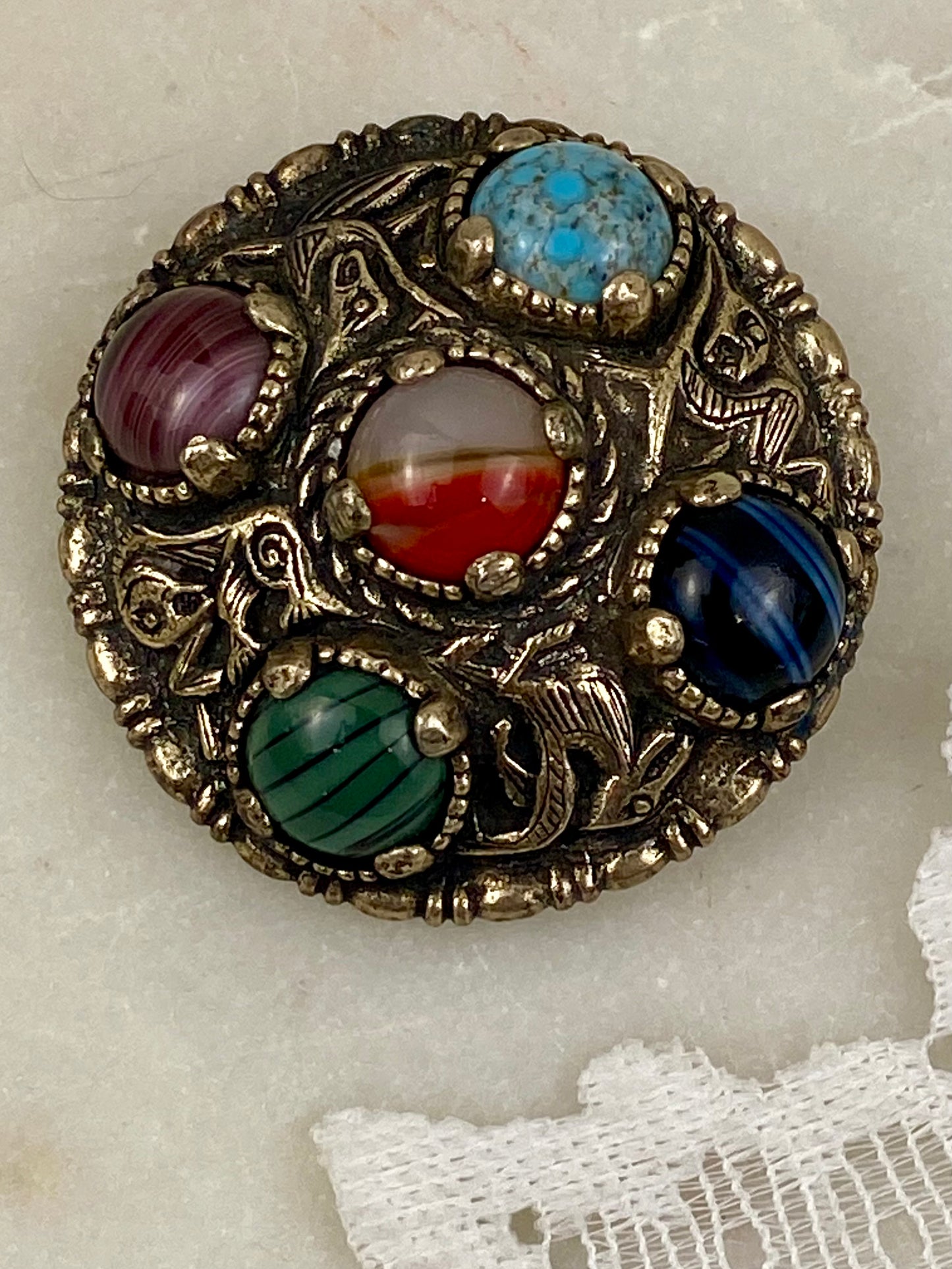 Celtic/Viking Style Metal and Cabochon Brooch by Miracle | Signed ‘Miracle Viking’