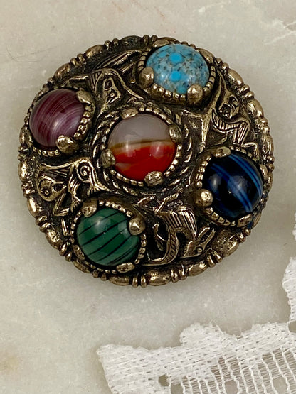 Celtic/Viking Style Metal and Cabochon Brooch by Miracle | Signed ‘Miracle Viking’