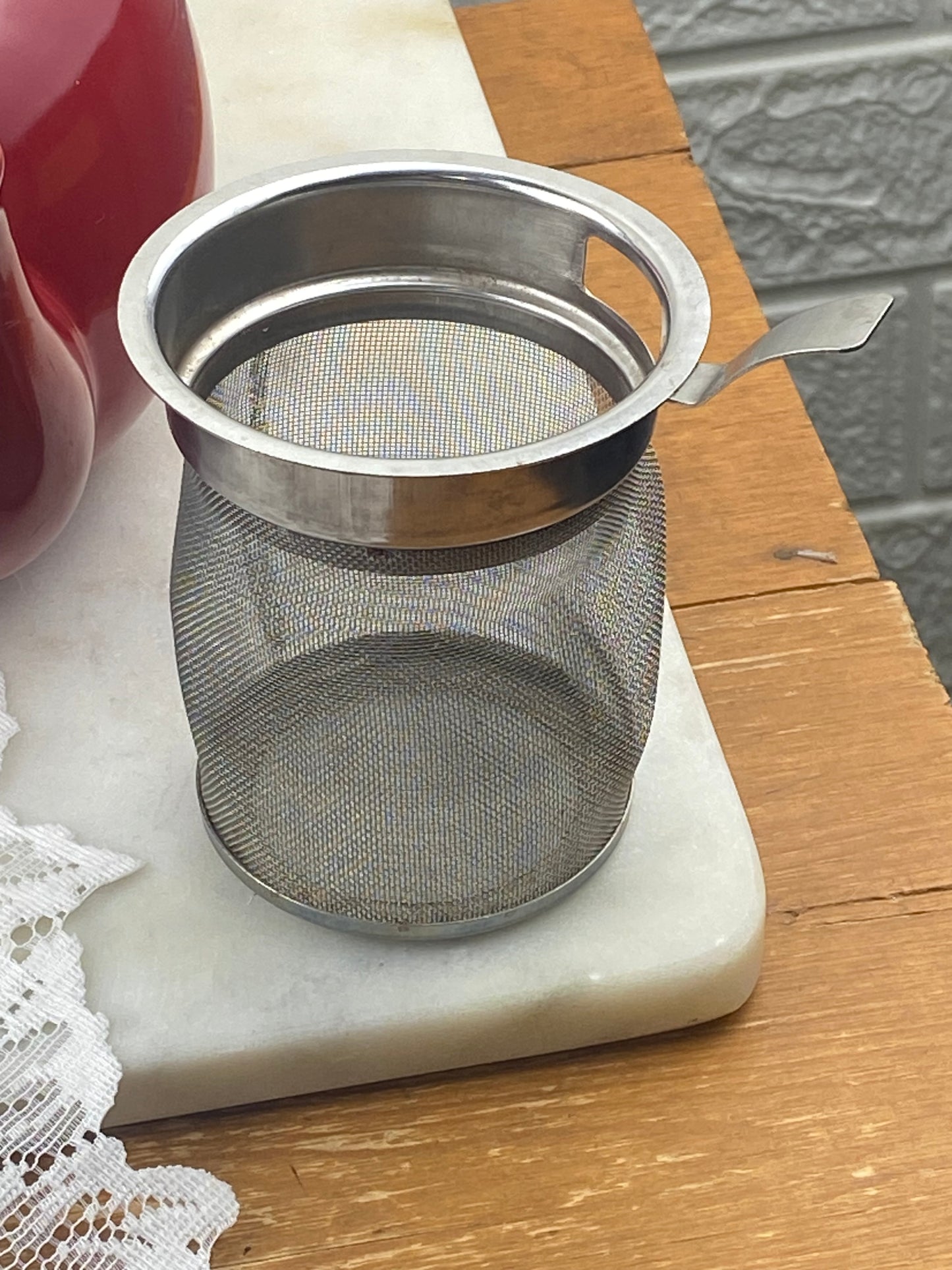 Red Teapot with Metal Strainer