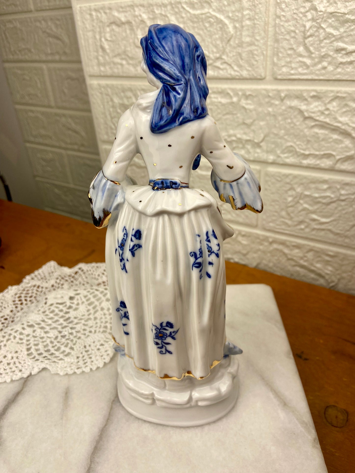 Blue & White Porcelain Figurine | Woman Gathering Grapes