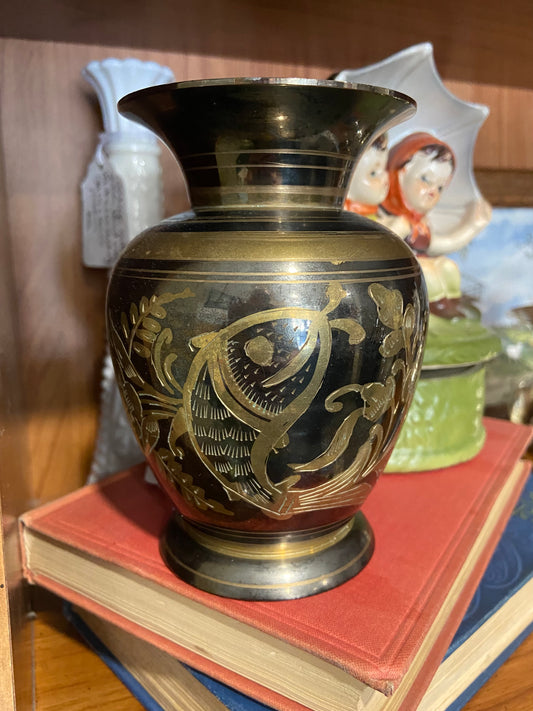 Etched Brass Vase with Black Enamel | Fish and Floral Design