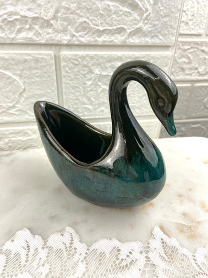 Small Clay Swan Planter with Brown and Green Drip Glaze by McMaster Pottery