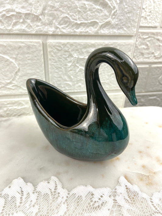 Small Clay Swan Planter with Brown and Green Drip Glaze by McMaster Pottery