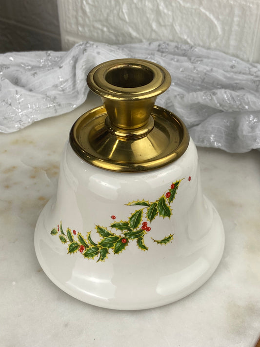 Bell-Shaped Porcelain and Brass Candle Holder | Christmas Holly Pattern
