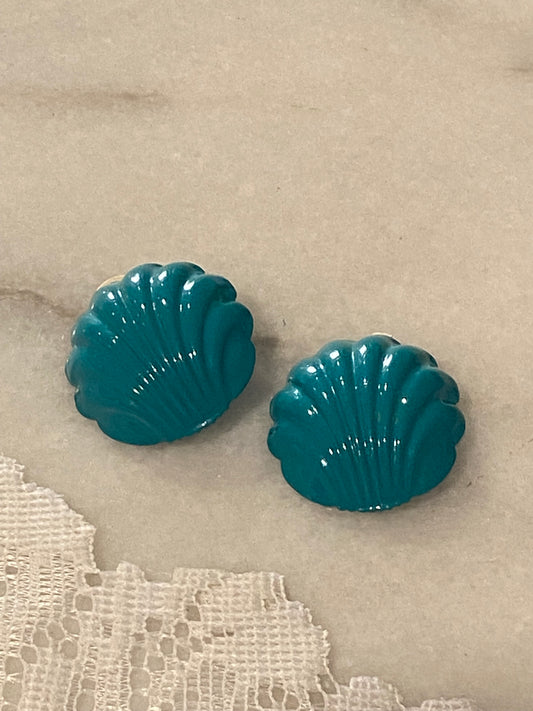 Blue Metal Clam Shell Earrings [Clip-Ons]
