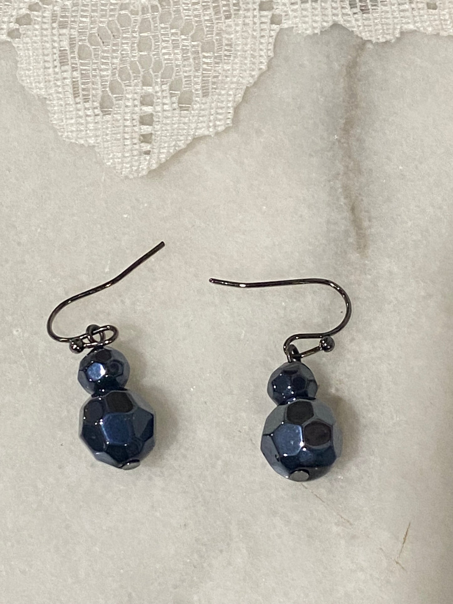 Navy Geometric Beaded Dangle Earrings [Hooks]
