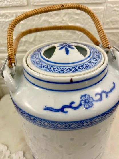 Blue and White Chinese Teapot with Translucent Ling Long or Rice Grain Pattern | Rattan Handle