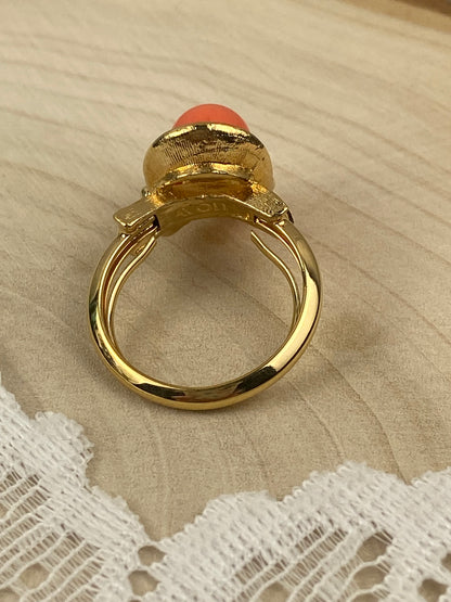 Vintage Avon | Gold-Tone Metal Ring with Faux Coral Stone [Flexible Size 5 - 6.5]