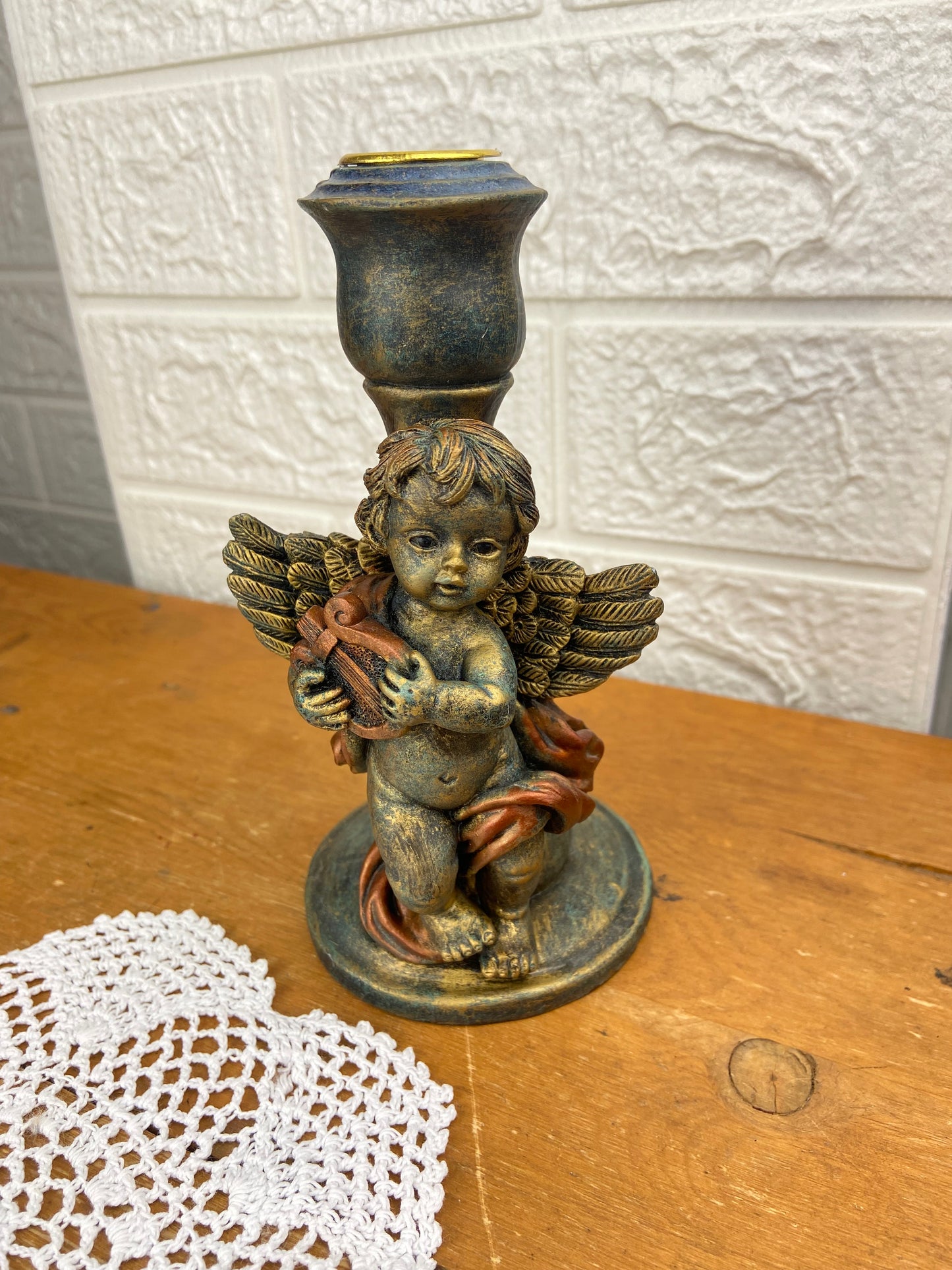 Cherub Playing Harp Candlestick Holder