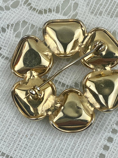 Gold-Tone Wreath Brooch with Natural Gem Stones | Green Adventurine & Carnelian
