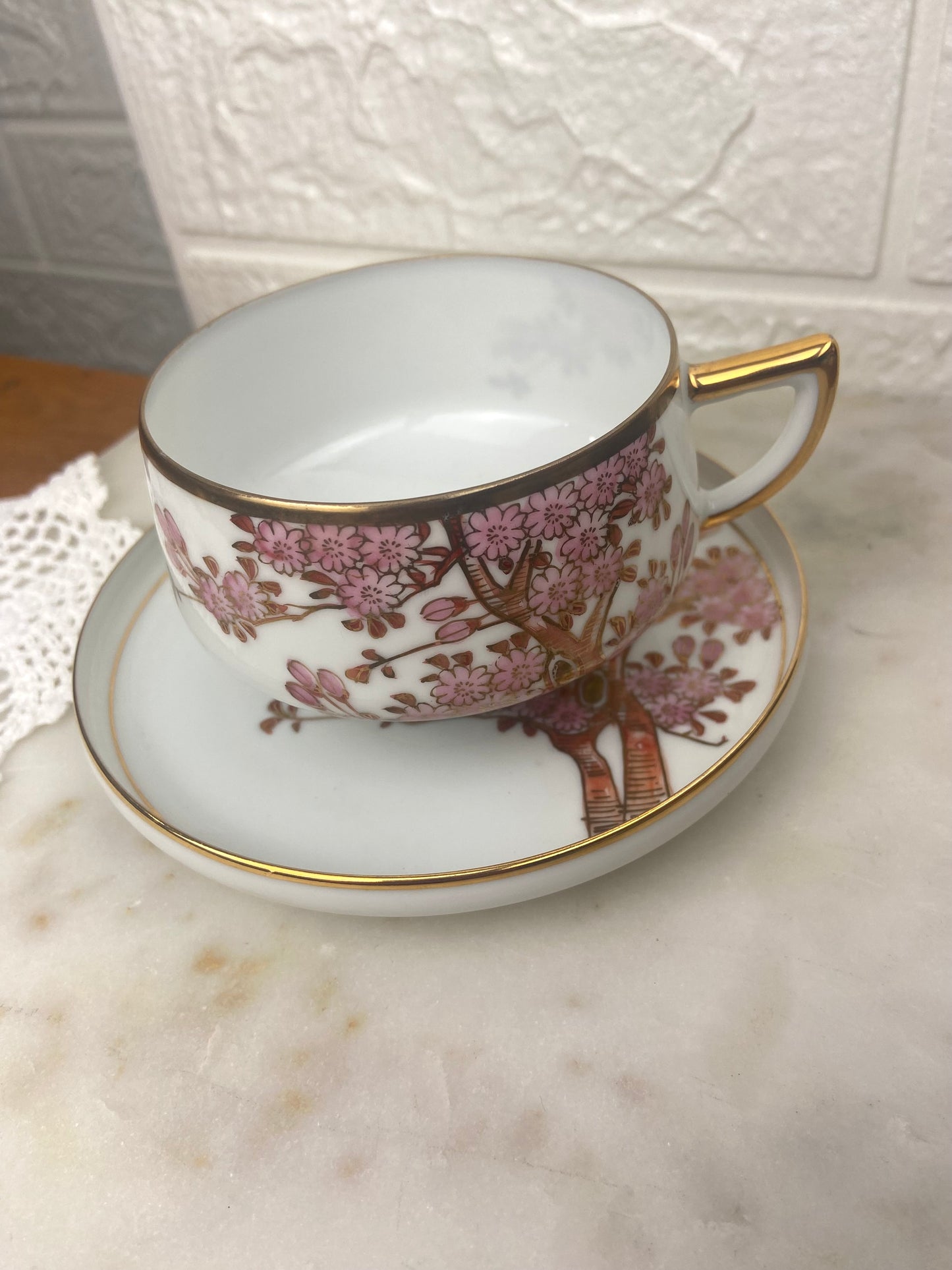 Japanese Eggshell Porcelain Lithophane Tea Set with Cherry Blossoms