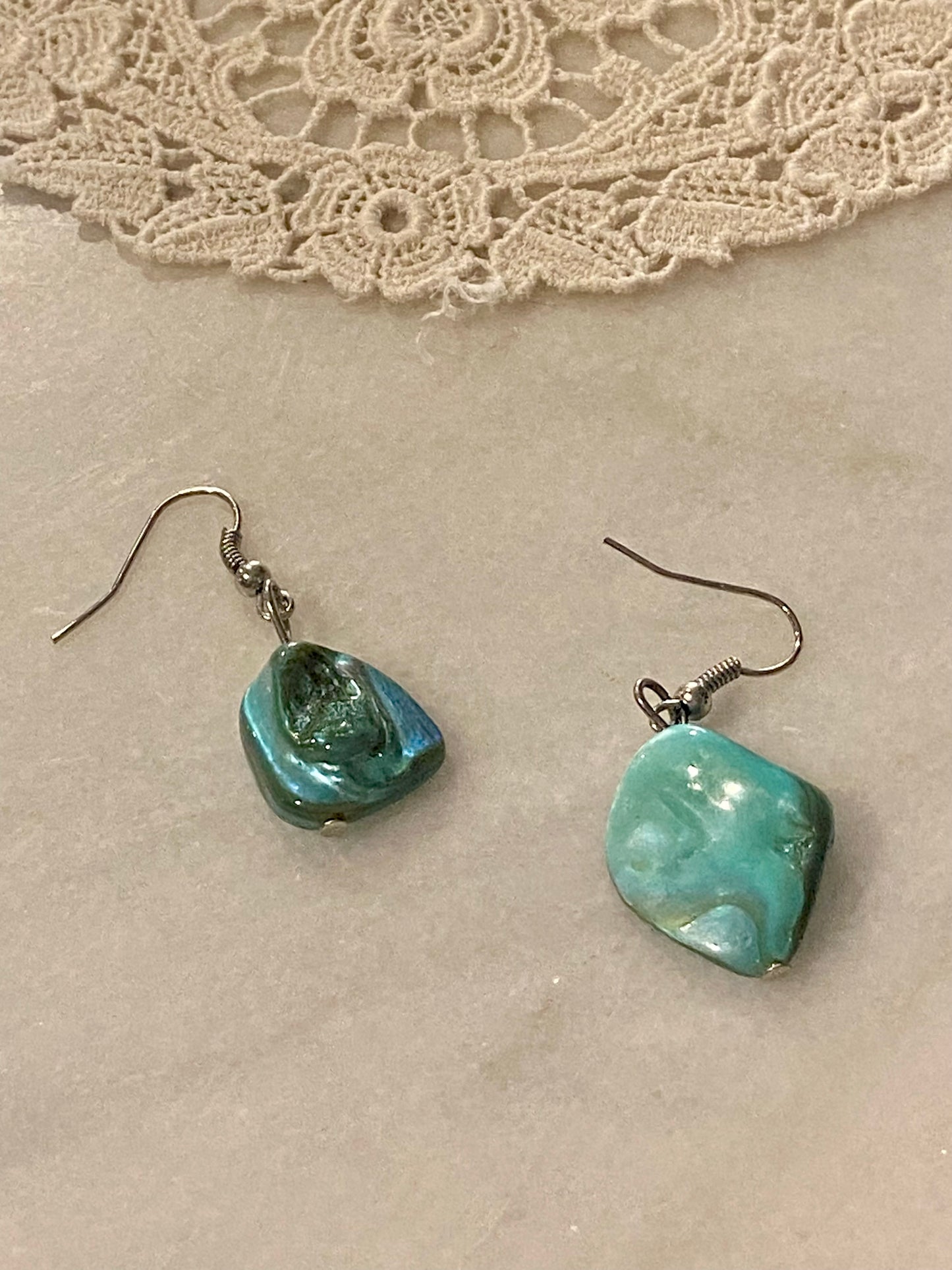 Turquoise Coloured Mother of Pearl Dangle Earrings [Hooks]