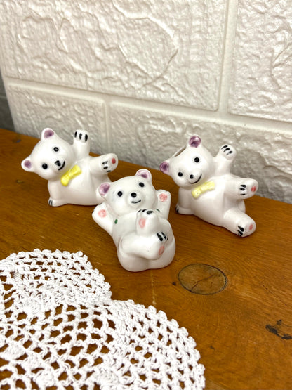 Set of Hand Painted Ceramic Teddy Bears | Salt & Pepper Shakers with Toothpick Holder
