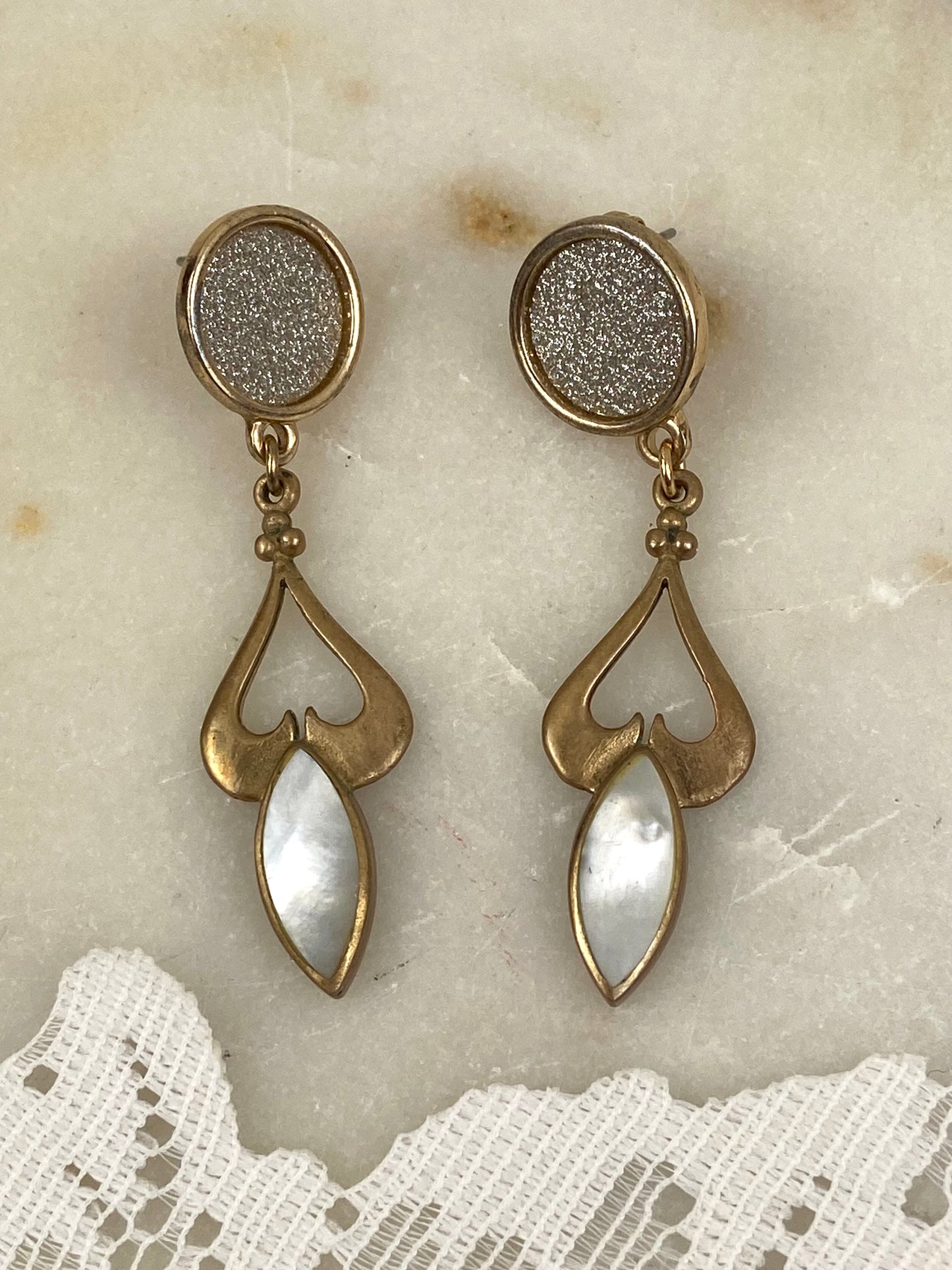 Gold-Tone Sparkly Disk Earrings with Teardrop Mother of Pearl Dangles for Pierced Ears [Posts]
