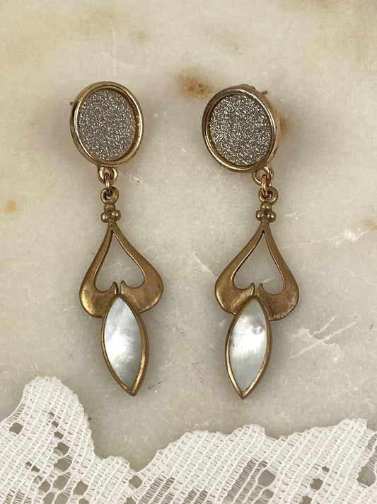 Gold-Tone Sparkly Disk Earrings with Teardrop Mother of Pearl Dangles for Pierced Ears [Posts]