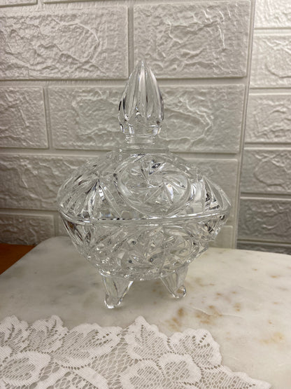 Footed Crystal Candy Dish with Lid | Double Starburst Pattern