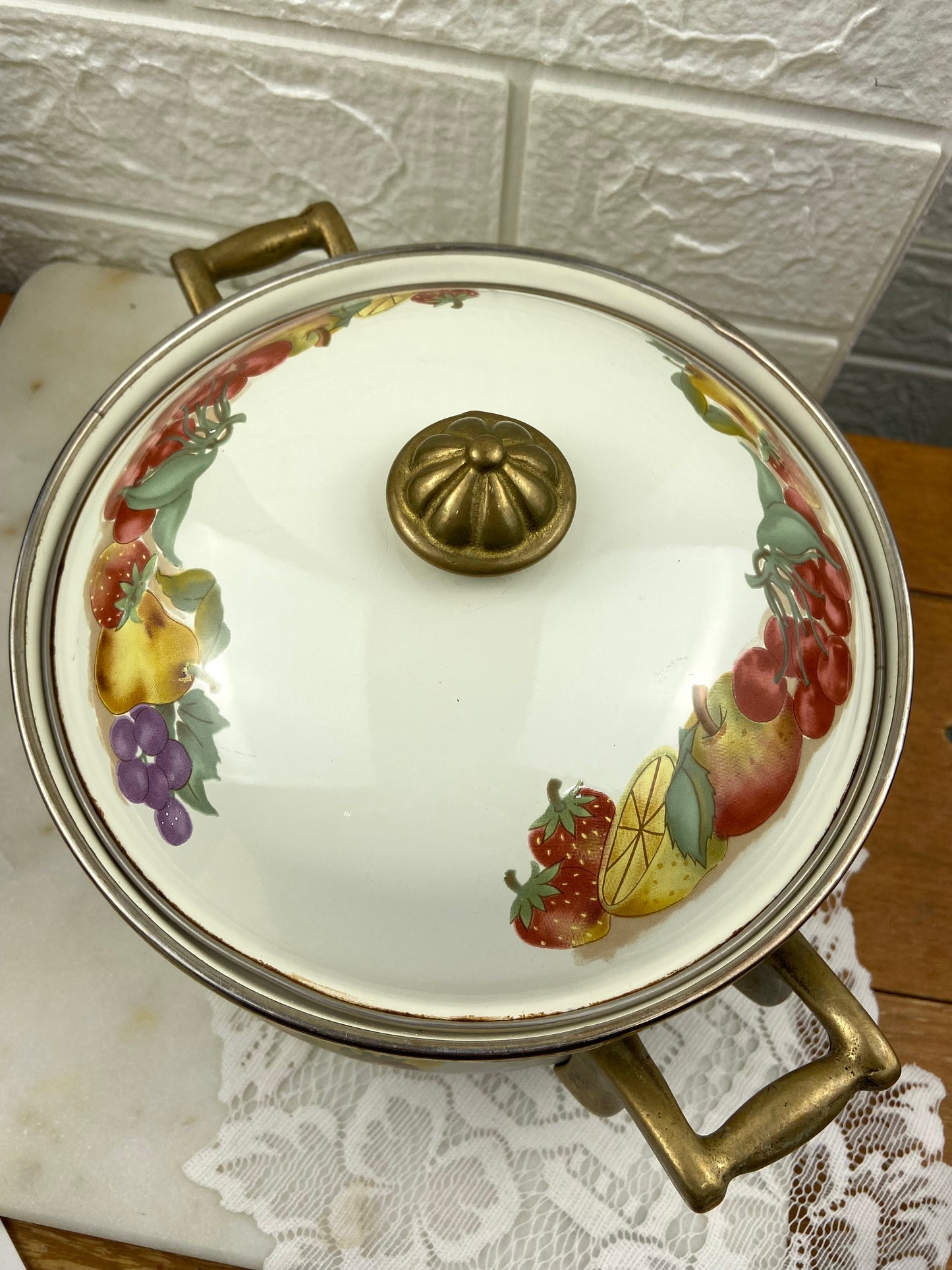 Vintage Lincoware Enamel Dutch Oven with Brass Handles