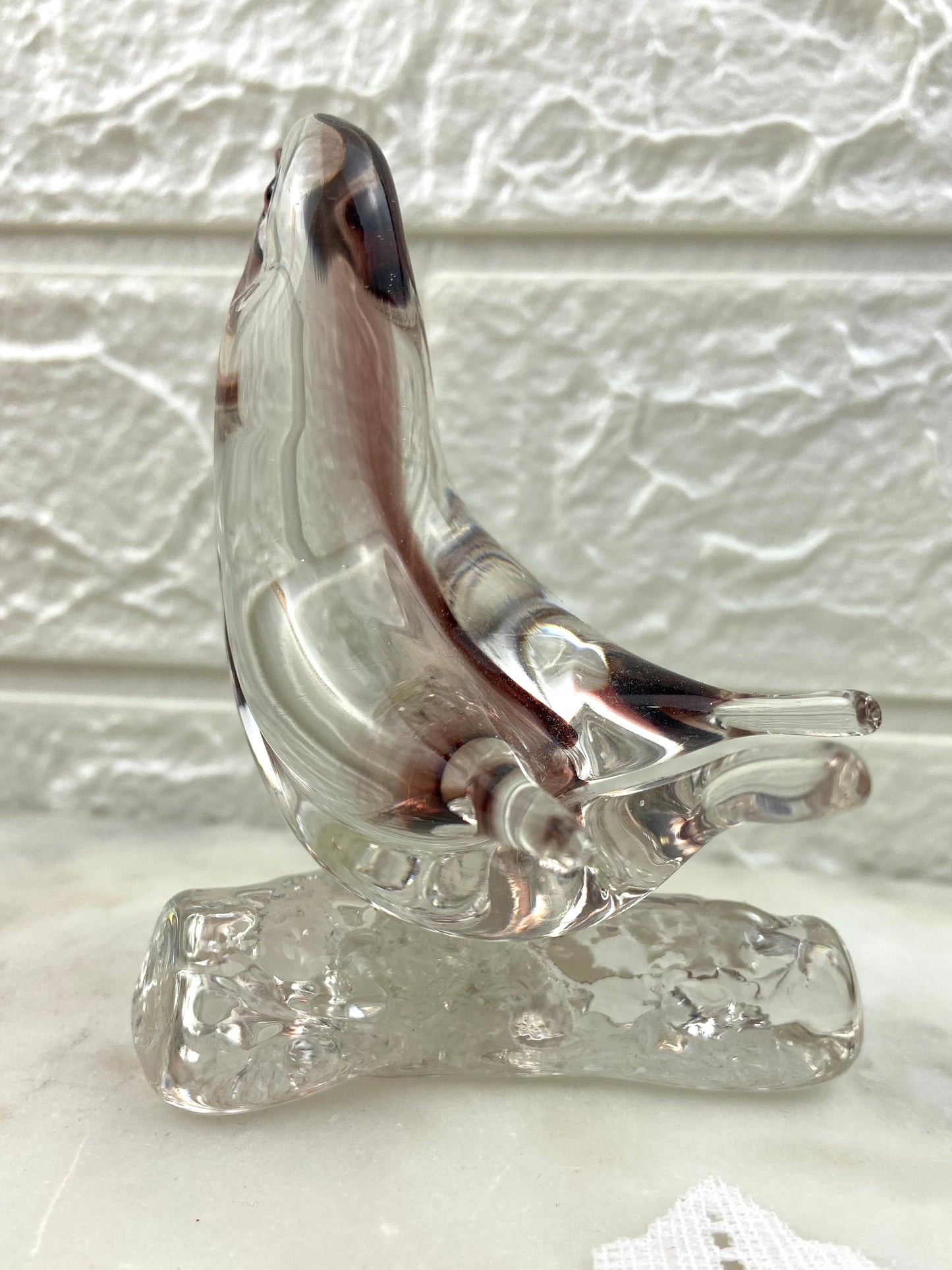 Art Glass | Burgundy and Clear Hand Made Glass Bird on a Branch Figurine or Paperweight