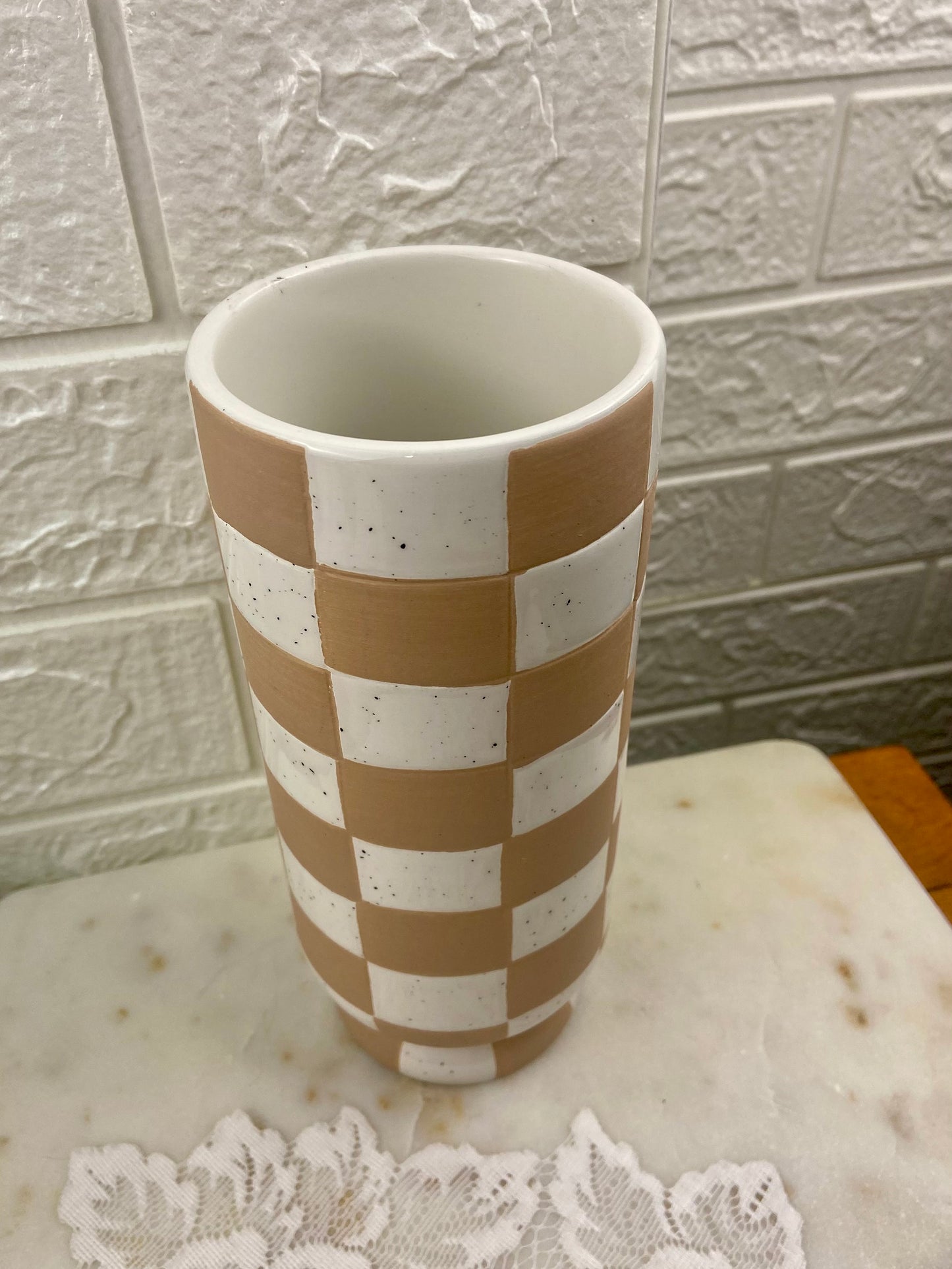 Beige and White Checkered Footed Ceramic Vase by Sunday Morning