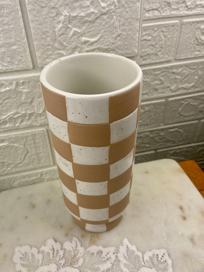 Beige and White Checkered Footed Ceramic Vase by Sunday Morning