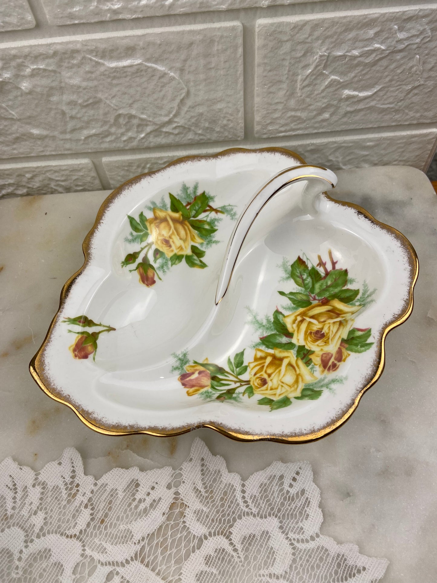 Royal Albert Bone China Divided Leaf-Shape Snack Plate | Tea Rose Pattern