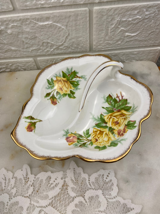 Royal Albert Bone China Divided Leaf-Shape Snack Plate | Tea Rose Pattern
