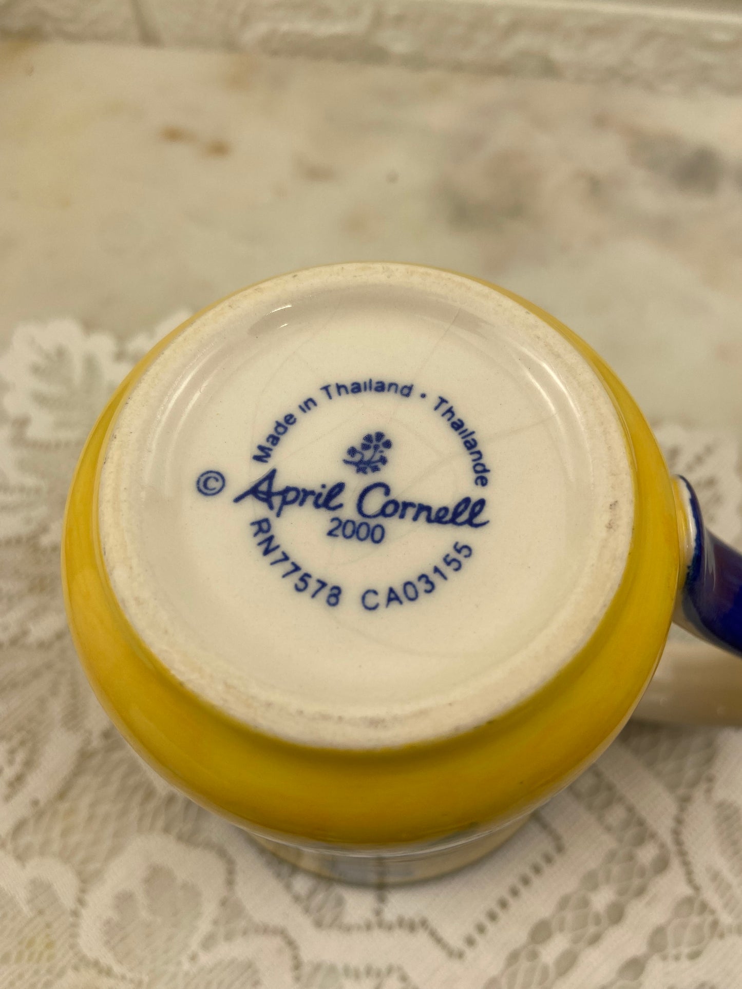 Hand Painted April Cornell Coffee Mug | Yellow and Blue with Dragonfly