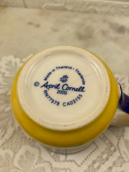 Hand Painted April Cornell Coffee Mug | Yellow and Blue with Dragonfly