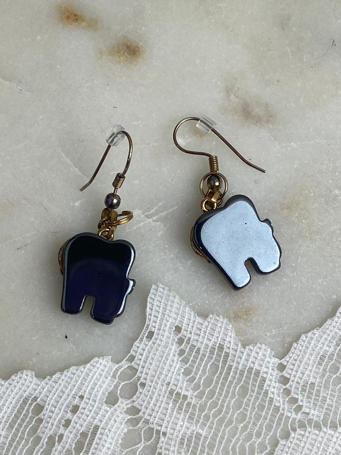 Black Hermatite Elephant Errings for Pierced Ears [Hooks]