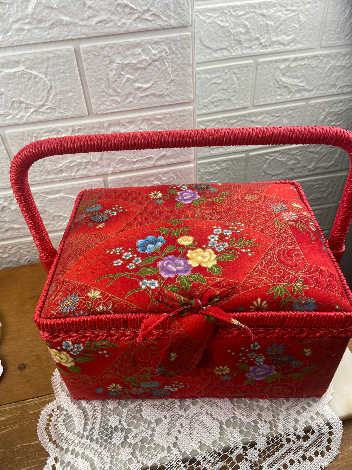 Red Satin Sewing Box | ** Several Small STAINS **