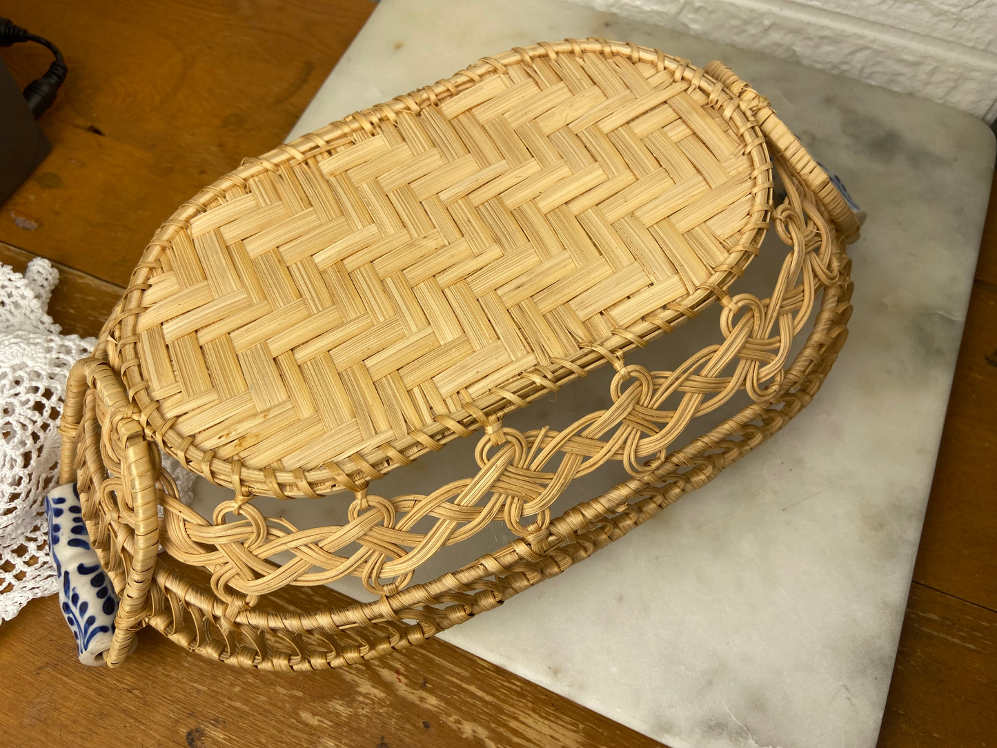Hand Woven Bread Basket with Blue & White Porcelain Handles