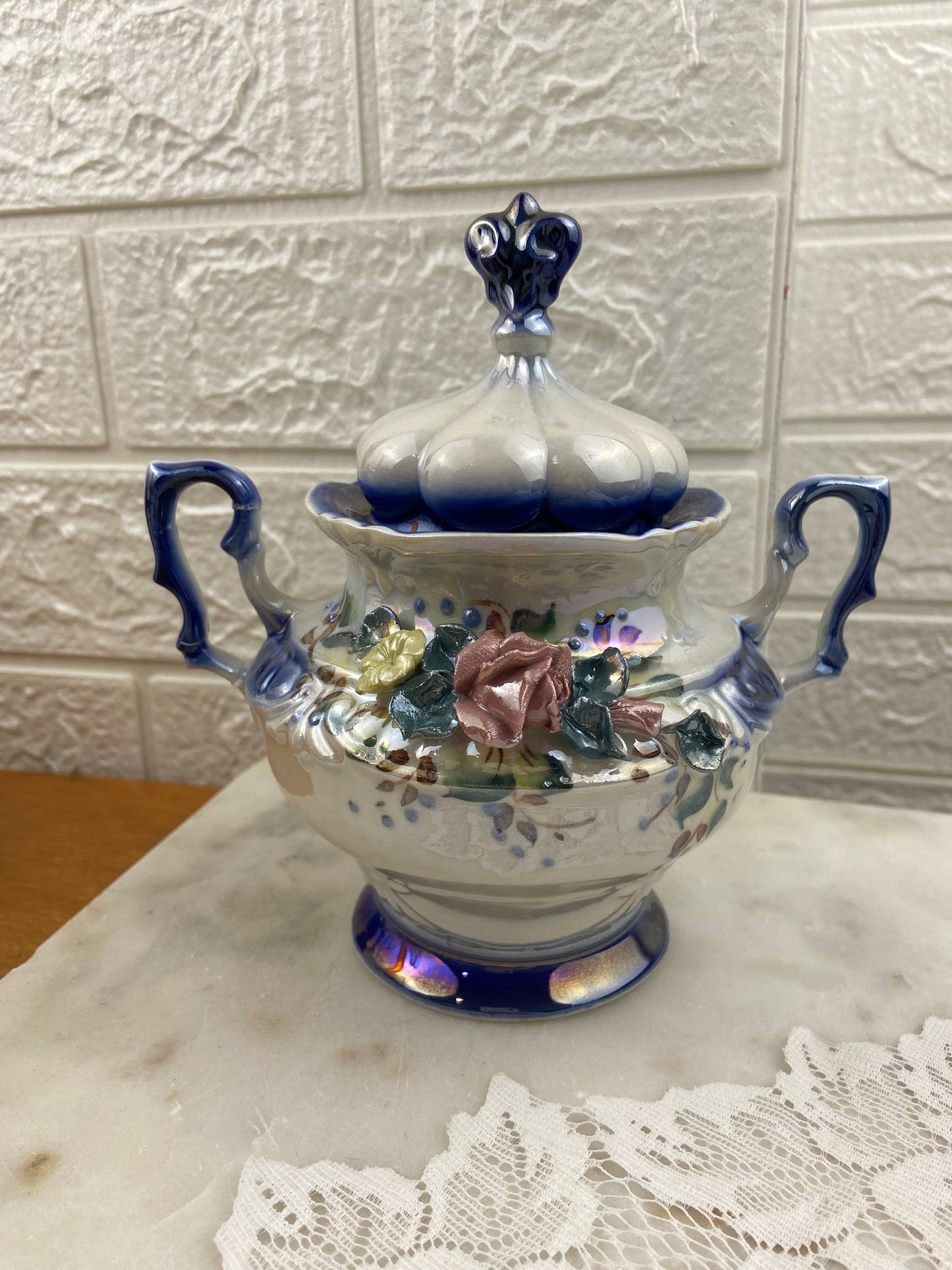 Hand Painted Blue & Cream Ceramic Sugar Bowl with Double Handles & 3D Flowers