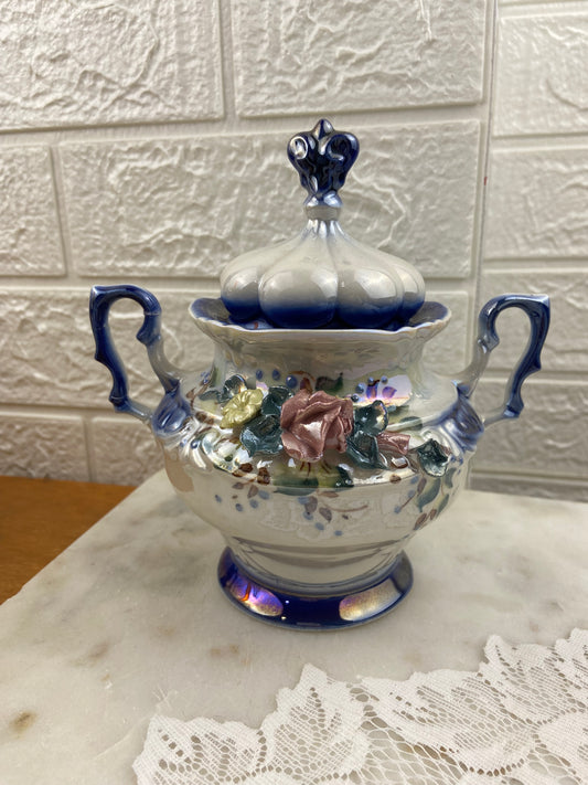 Hand Painted Blue & Cream Ceramic Sugar Bowl with Double Handles & 3D Flowers