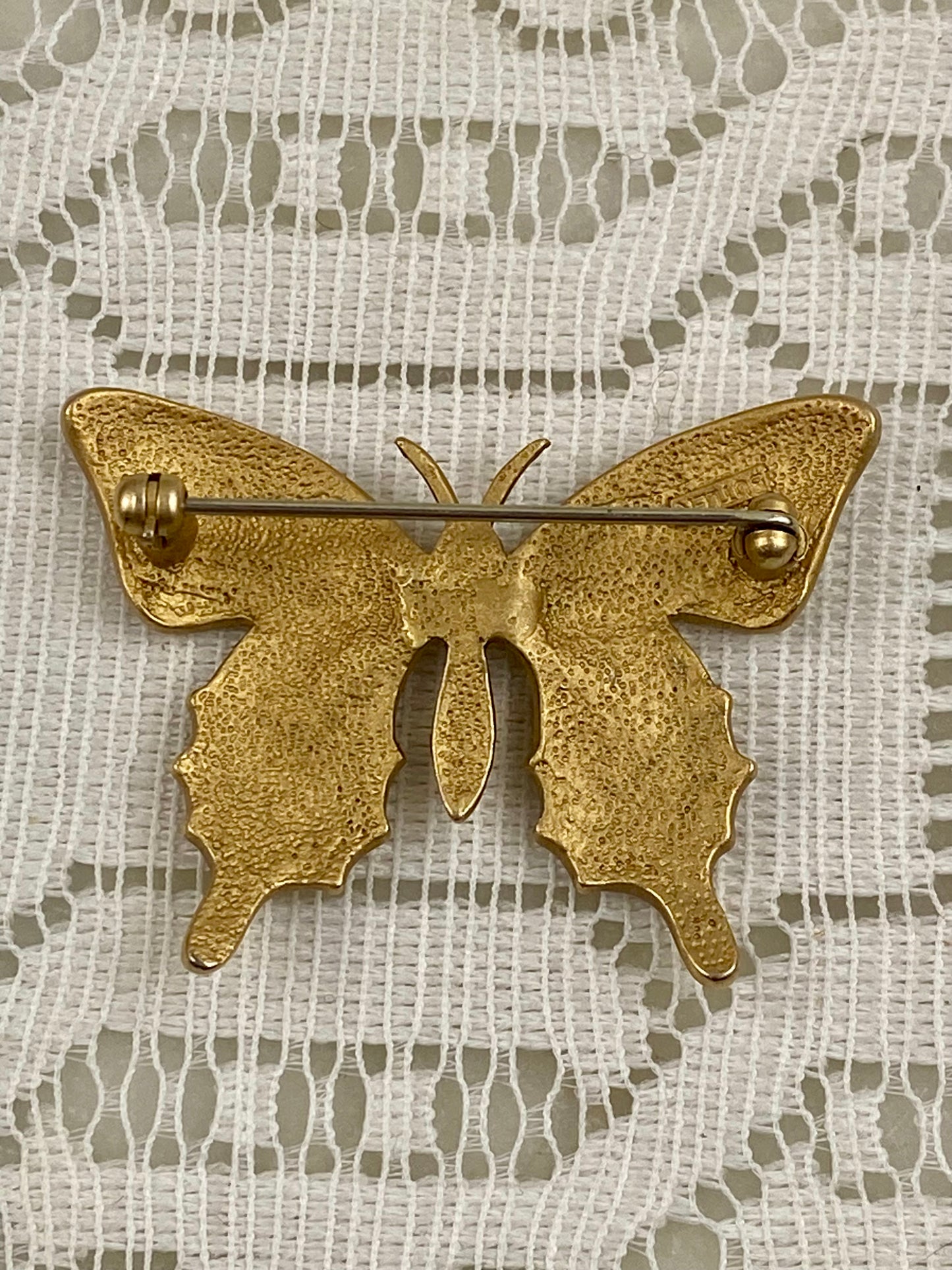 Gold-Tone Jewel Encrusted Butterfly Brooch with Lavender Rhinestones and Seed Pearls by Butler